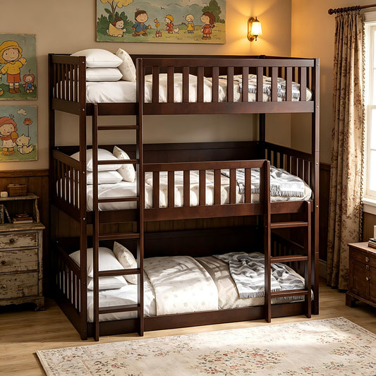KEIKI Twin Over Twin Over Twin Triple Bunk Bed, Solid Rubber Wood Detachable 3-in-1 Bed Frame with Ladders & Full Guardrails, Space-Saving Boys & Girls Bed for Family & Sleepovers, Espresso