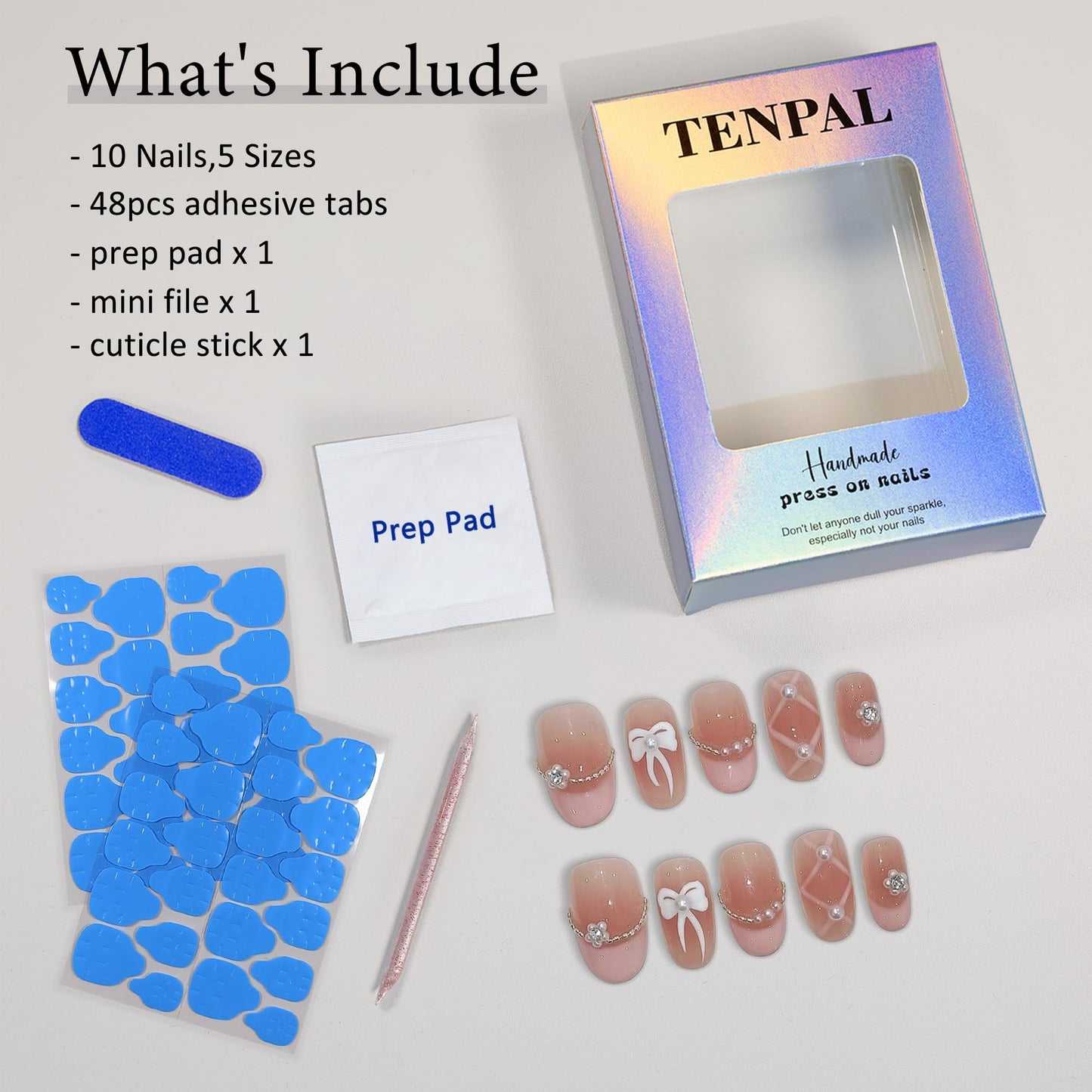 TENPAL French Tip Press on Nails Short Oval,Blush Pink Checkered Fake Nails with Hand-Painted 3D Pearl Bows,Ballerina Sweet False Nails Reusable Full Manicure Kit 10pcs Ballerina Sweet Nails(S)