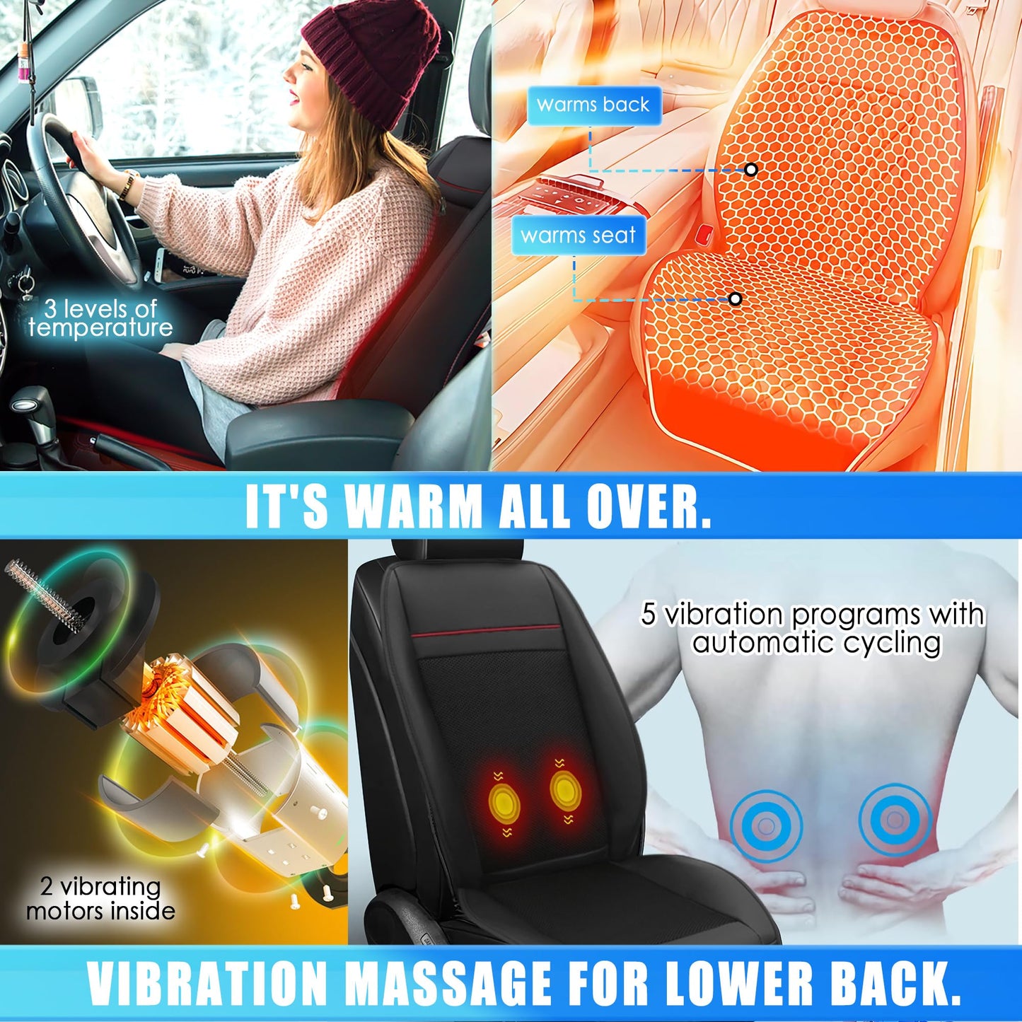 Fochutech Cooling Car Seat Cover with Massage 12V Front Seat Cooler for Vehicle Breathable Warm & Cooling Car Seat Cushion Summer Driving Ventilated 16 Fans Cooling Seat Cover for Car (Black)