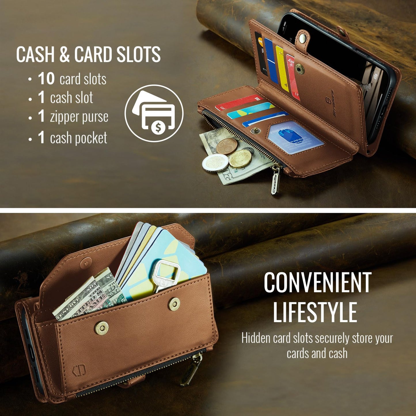 Strapurs Wallet Case Compatible with iPhone 16 Pro Max 6.9" RFID Blocking 10-Card Holder Soft PU Leather Magnetic Snap Shoulder Strap Zipper Pocket Phone Case Fit for iPhone 16 Pro Max - Brown