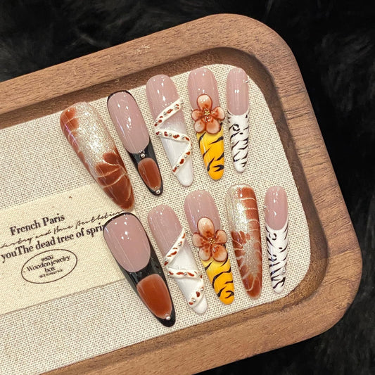 Handmade Press on Nails Long Stiletto Fake Nails French Tip Leopard False Nail with 3D Flower Brown Fall Artificial Nail for Women 10pcs (Size M）