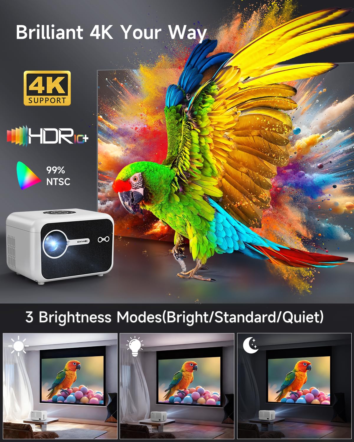 Smart 4K Projector Portable with Auto Focus, Triple Brightness, DB Audio, Official Apps for Outdoor Movie Night Home Theater Video Gaming, HDMI eARC/CEC WiFi6 BT5.4, Halloween Christmas Holiday