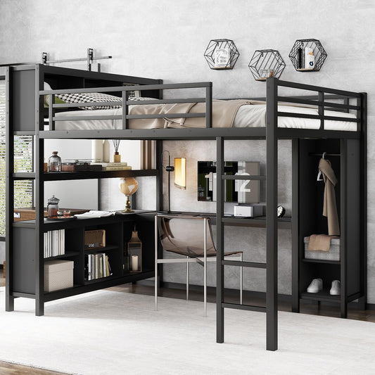 Bellemave Queen Size Loft Bed with Desk, Wardrobe & Storage Shelves, Modern Metal Loft Bed Frame for Adults, Teens, Kids, Space-Saving Queen Bed for Small Rooms, Dorms, Apartments (Queen, Black)