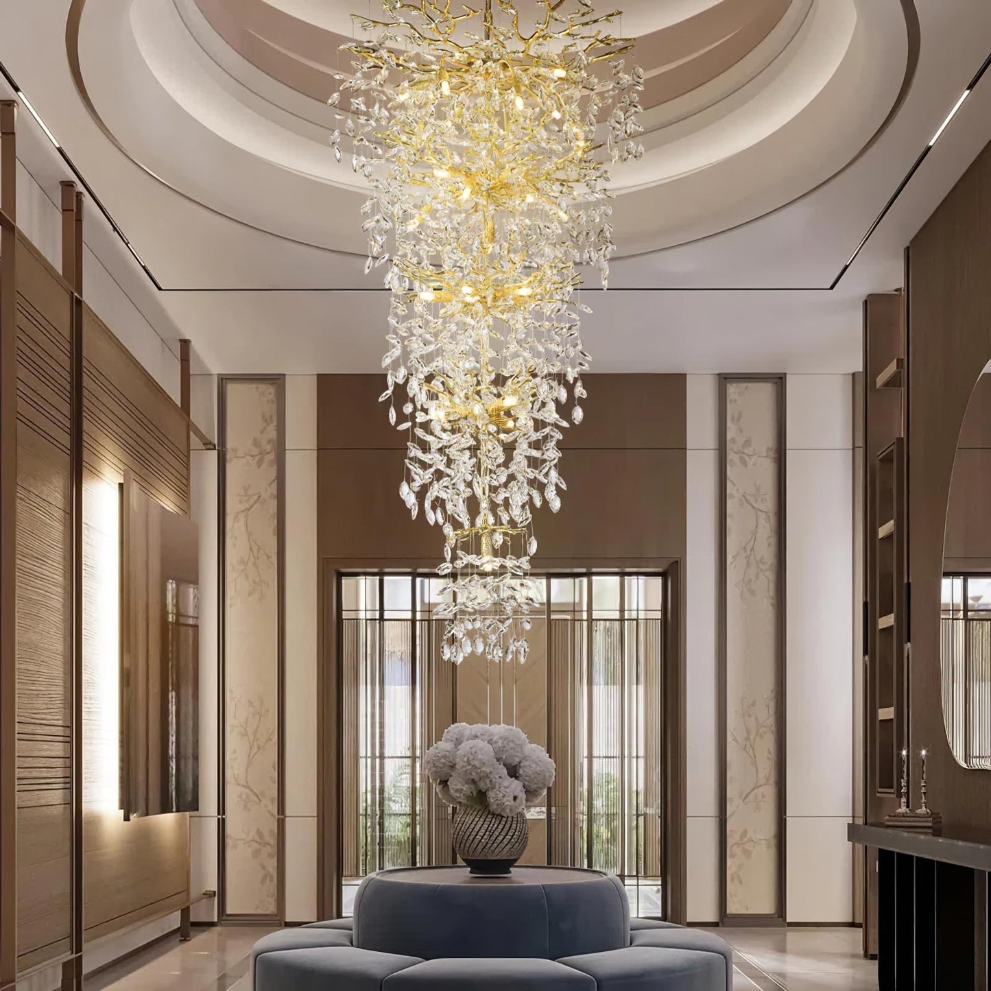 118'' Long Crystal Chandelier for High Ceiling, 28-Light Modern Gold Tree Branch Chandelier, Large Chandeliers for Foyer Entryway Staircase Living Room, 5-Tier Luxury K9 Crystal Raindrop Light Fixture