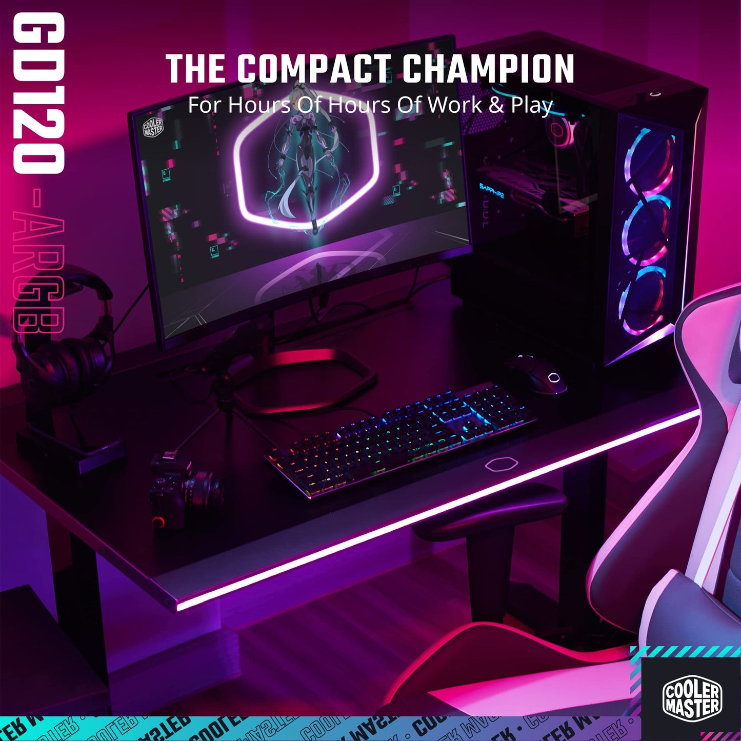 Cooler Master GD120 A1 ARGB 30th Anniversary PC Gaming Desk, Ambient ARGB, Water-Repellent Mousepad, 220lbs Weight Support, 3 Height Levels, Cable Management Tray, 47.2Dx29.5W Workstation|Home Office