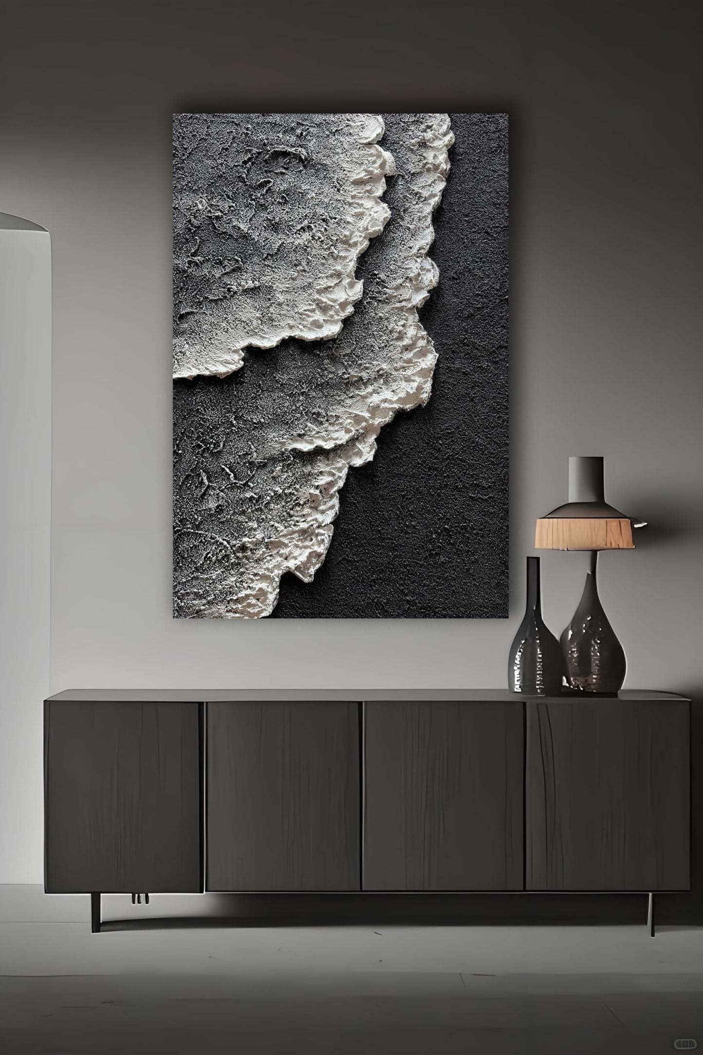 moshinart 24 x 36in Hand-Painted Oil Painting 3D Texture Black White Grey Modern Minimalist Black Abstract Wall Art, Home Office Wall Decoration Sea Wave 7