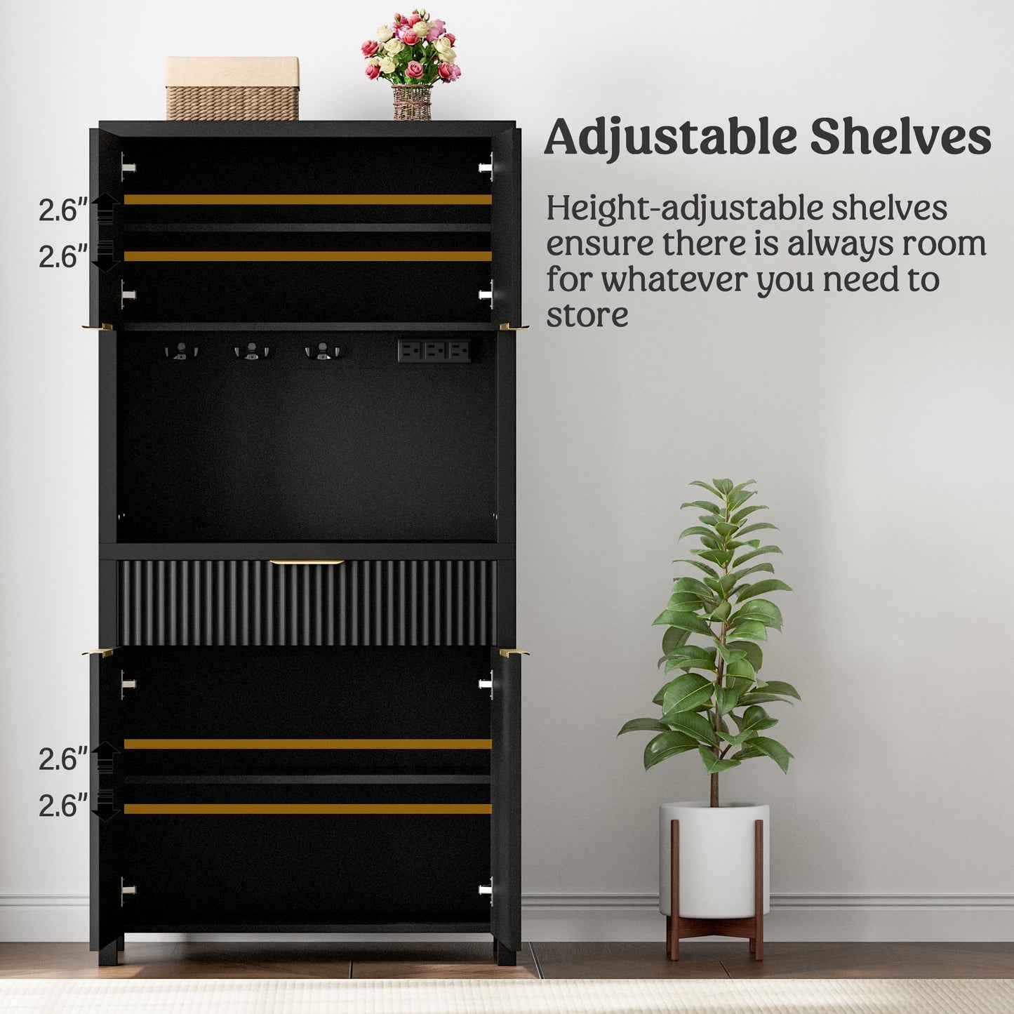 Lulive 71" Fluted Pantry Cabinet with Charging Station & Adjustable Shelves, Spacious Kitchen Storage Cabinet with Open Countertop & Drawer for Dining Room, Living Room, Black