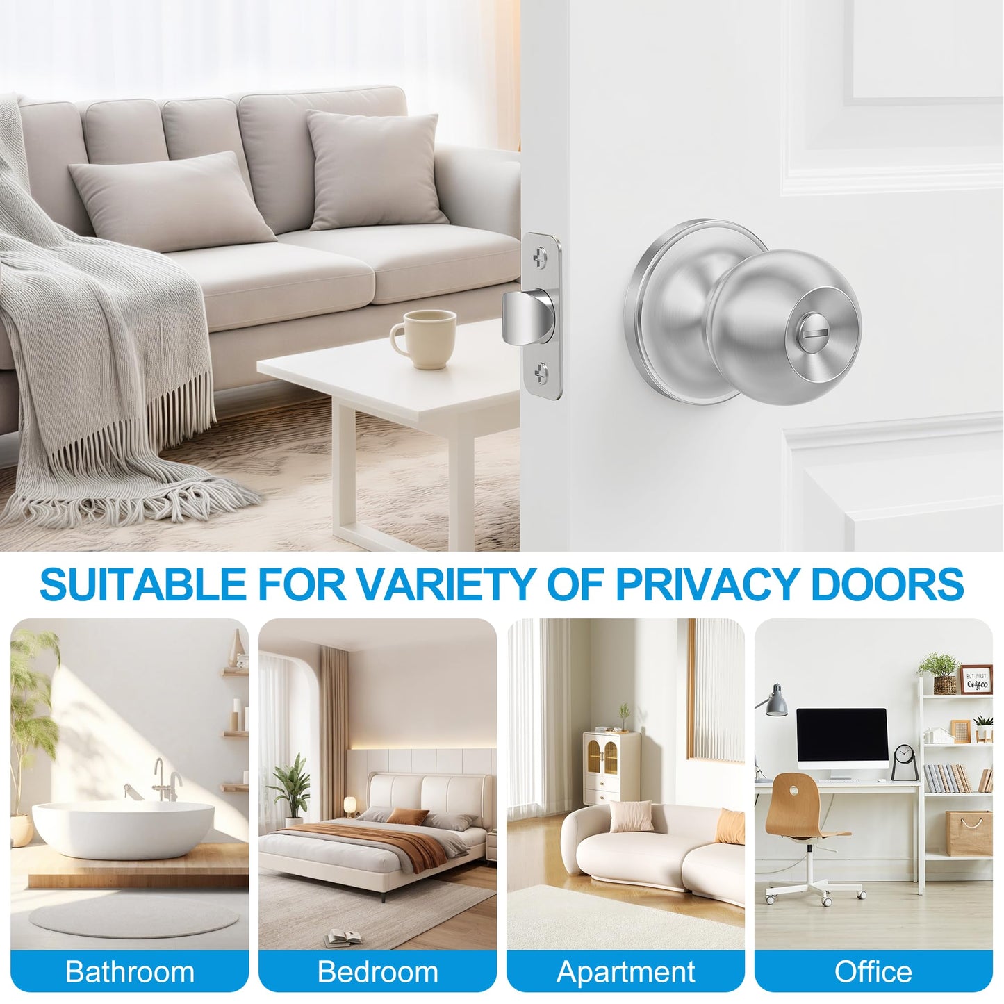 Plustool 5 Pack Privacy Door Knobs Interior, Satin Nickel Doorknob with Lock -ANSI Grade-3 Certified, Keyless Door Locks for Bedroom,Bathroom, Modern Heavy Duty Handle with Round Ball, Easy to Install