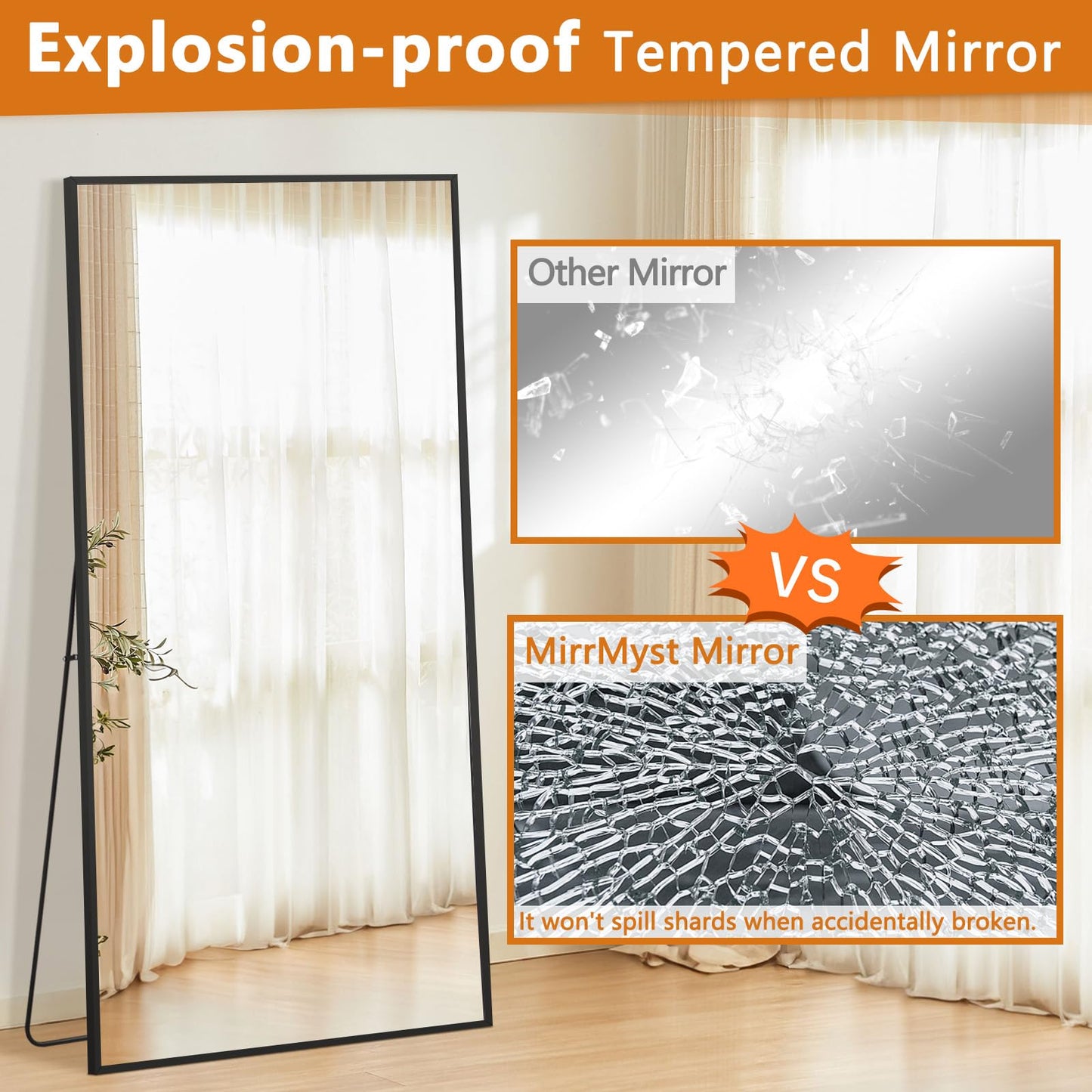 MirrMyst Full Length Mirror, 76"x34" Oversized Floor Mirror Free Standing, Large Full Body Mirror for Bedroom Living Room Gym, Black Mirror Full Length with Tempered Glass
