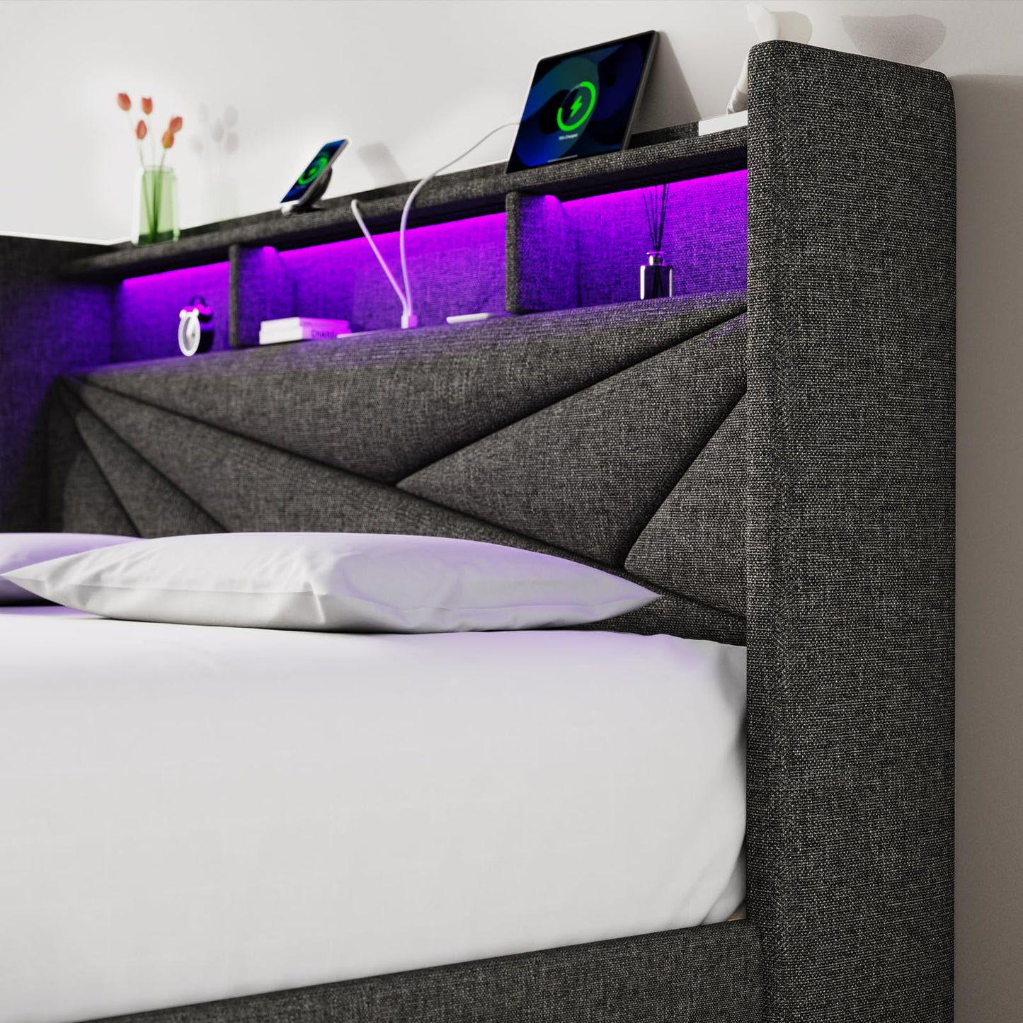 Driftalia Queen Bed Frame with 4 Storage Drawers, Upholstered Bed Frame Queen Size with LED Lights Headboard and Charging Station, No Box Spring Needed, Easy Assembly - Dark Grey