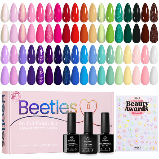 Beetles Summer Gel Nail Polish Set - 36 Colors Verse of Flower Gel Nail Kit, Pink White Black Red Purple Blue Yellow Gel Colors & 3Pcs Base Top Coat Soak off UV Home Salon Gift for Women