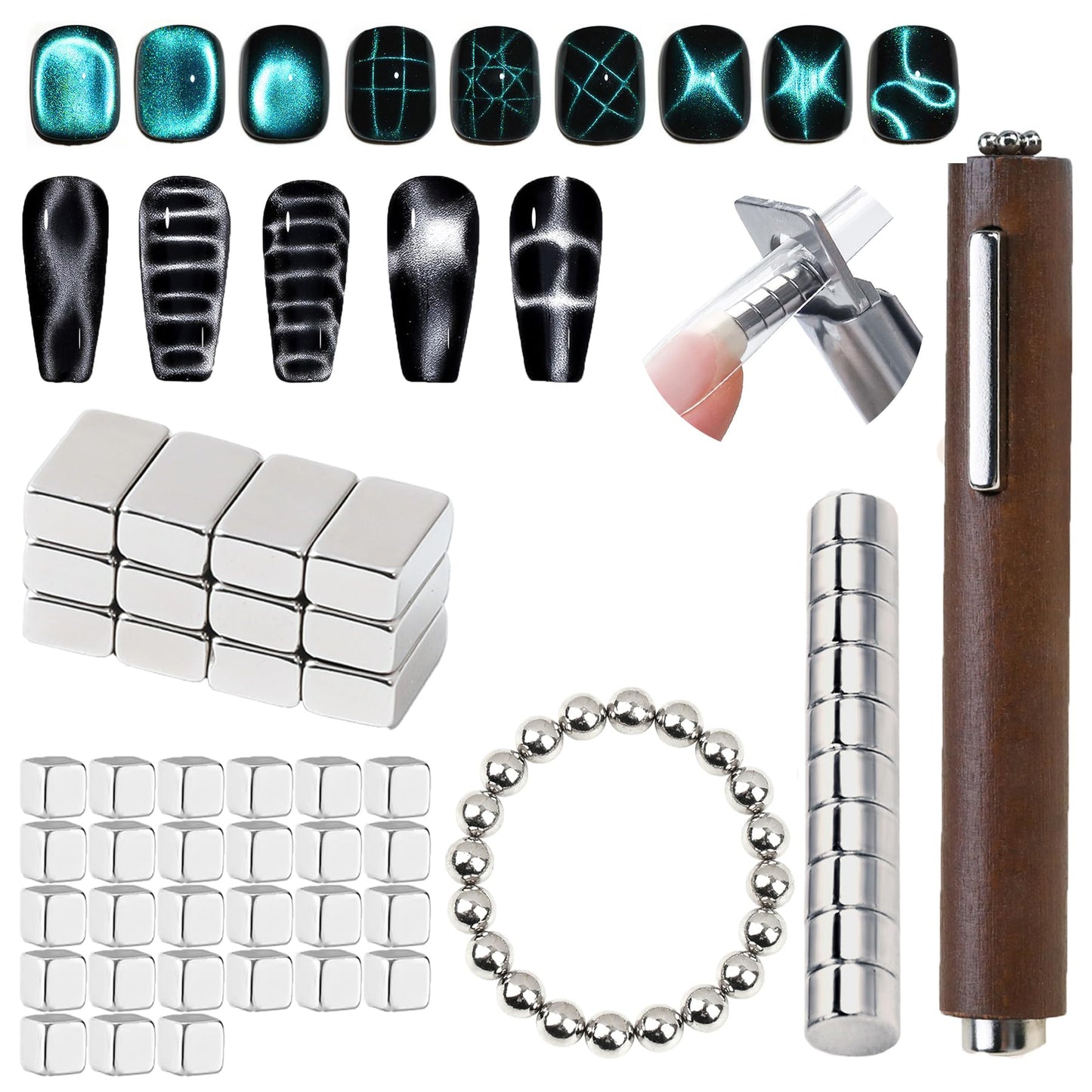 WEILUSI 70PCS Cat Eye Nail Magnet Set, 27 Square & 20 Beads & 12 Striped Gel Nail Polish Magnets, 10 Round Magnets for Stainless Nail Clipper, 3 in 1 Nail Magnet Wand for Home Salon Nail Art Tools