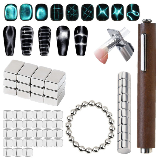 WEILUSI 70PCS Cat Eye Nail Magnet Set, 27 Square & 20 Beads & 12 Striped Gel Nail Polish Magnets, 10 Round Magnets for Stainless Nail Clipper, 3 in 1 Nail Magnet Wand for Home Salon Nail Art Tools