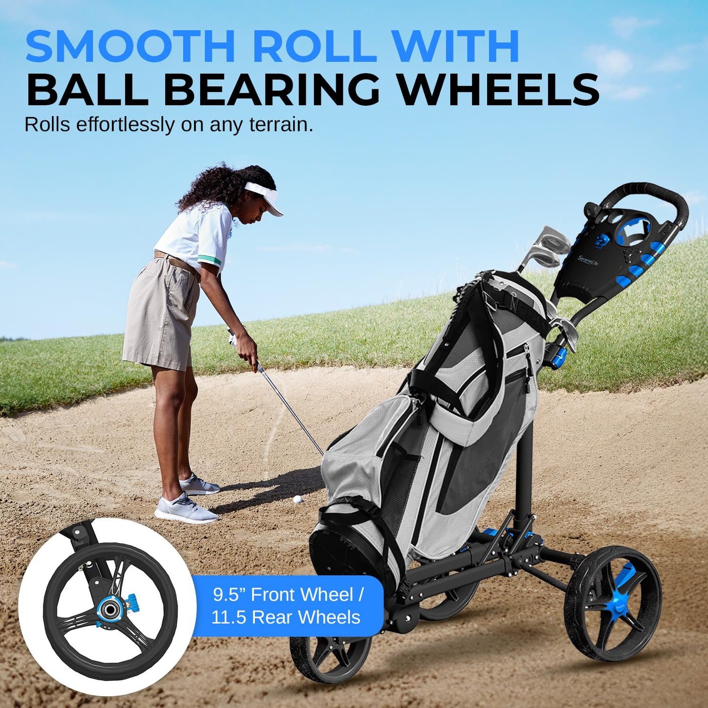 SereneLife 3 Wheel Golf Push Cart – Lightweight, Foldable, Collapsible, Adjustable Handle, Golf Caddy Accessories, Built-In Cooler Storage/ Scorecard/ Cup Holders, Compact for Travel