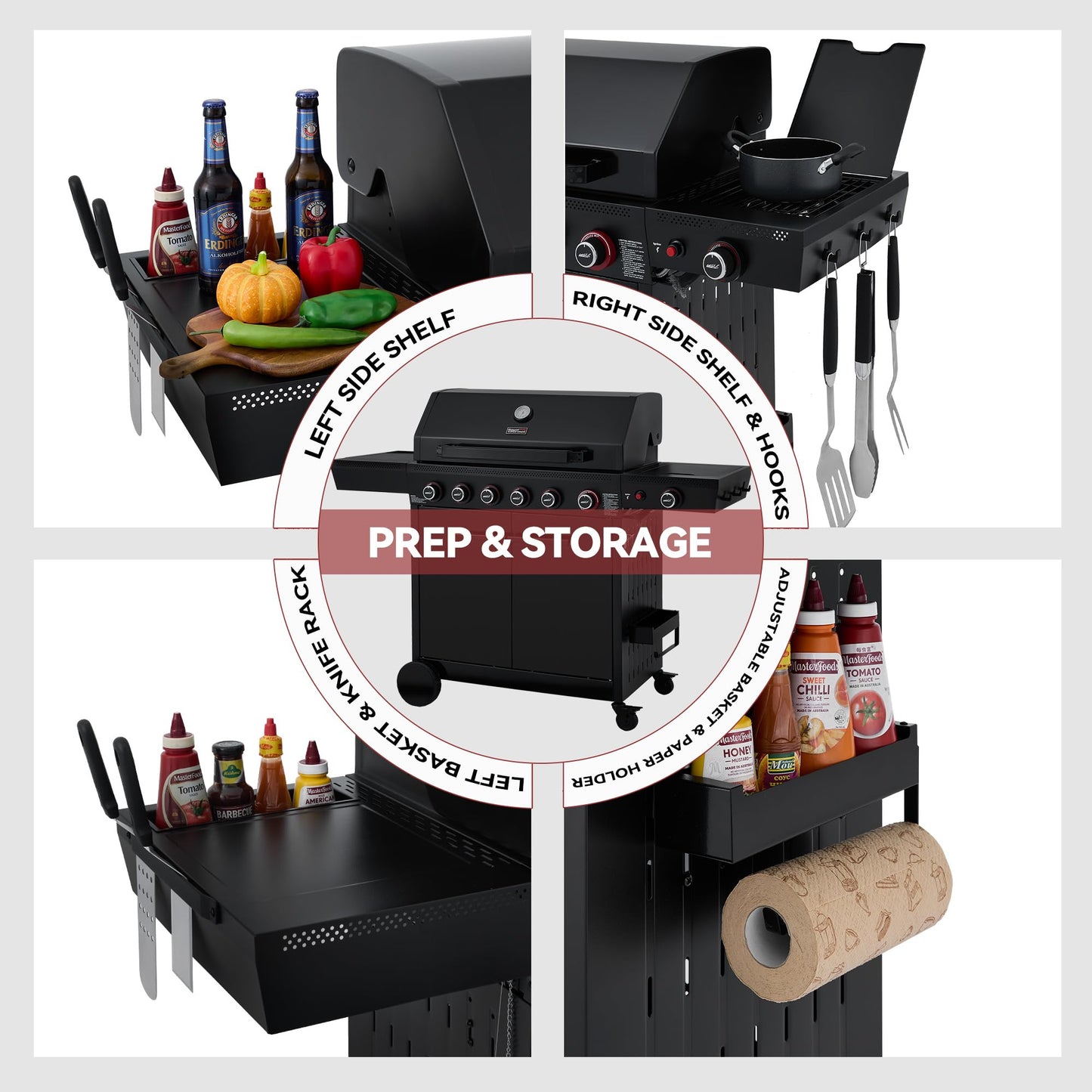 Royal Gourmet GE6001H 6-Burner Gas Grill, 72,000 BTU, 691 Sq. In. Cooking Area, with Sear and Side Burner, Side Shelf with hooks, spice basket, Movable Cabinet Style Grill for Outdoor Grilling, Black