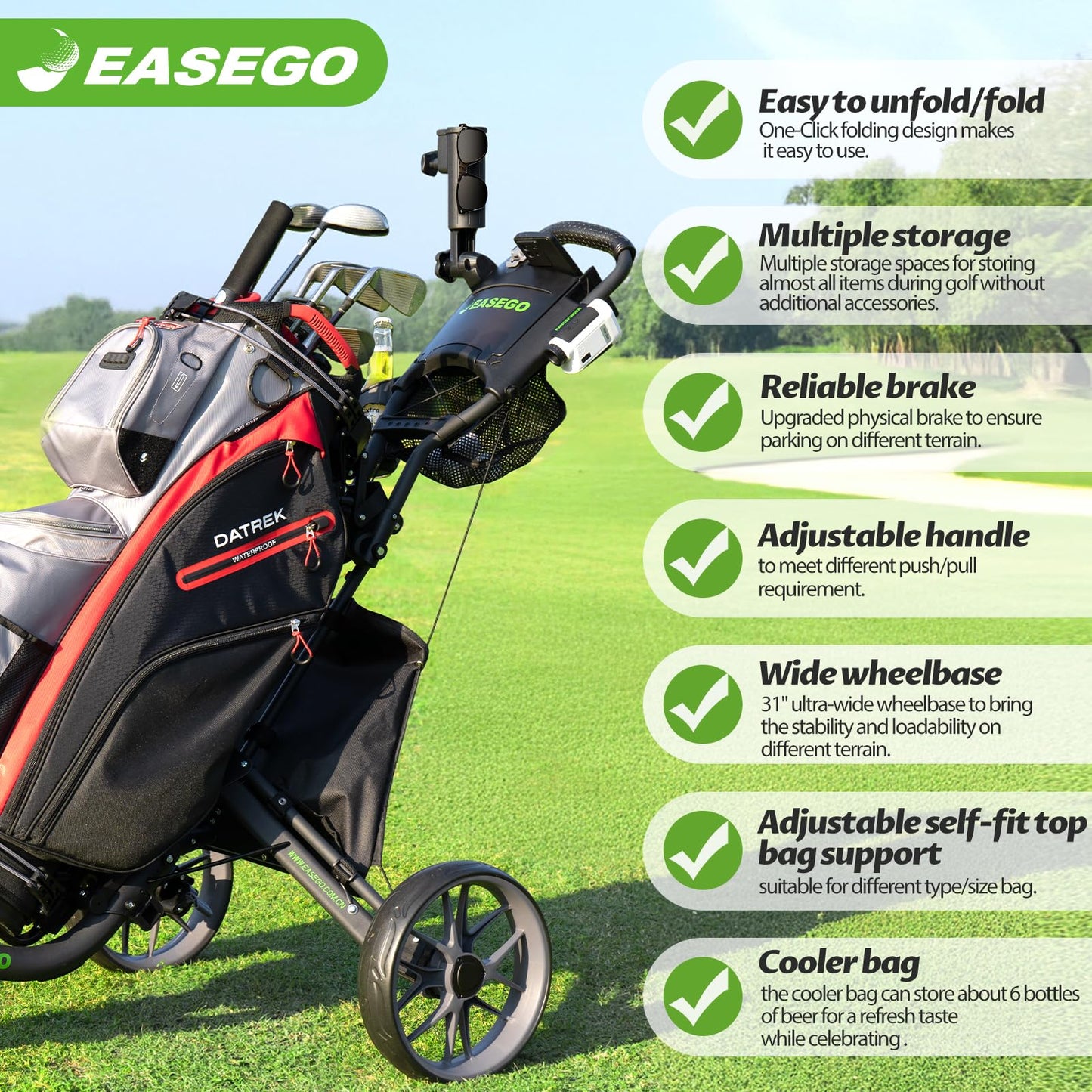 EASEGO Golf Push Cart 3 Wheel : Golf Bag Cart Foldable with Phone/Cup/Umbrella Holder Compact Golf Pull Carts Quick Fold Golf Caddy Push Carts with Large Wheelbase for Different Terrain (Gray)