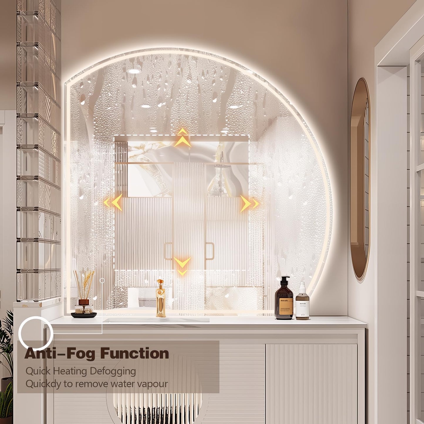 Niccy 44" Half Moon LED Mirror for Bathroom, Backlit/Front Lighted, Irregular 1/4 Round Lighted Mirrors with Bedroom Wall-Mirror, Frameless-Mirror for Entryway, Anti-Fog, Dimmable, Makeup-Mirror