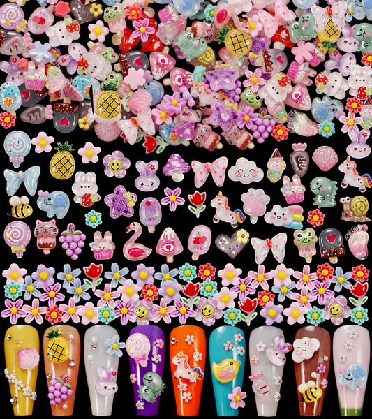 1 Pack of 250pcs Cute & Sweet 3D Nail Charms for Acrylic Nails, Perfect for Nail Art Decorations & DIY Accessories Crafts，Flower Bee Pineapple Bear Charms for Nail (#1-multi-color)