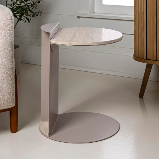 JONATHAN Y Evelyn Modern Natural Marble C-Shaped End Table, 20" Round Side Snack Table with Matte Pink Beige Iron Frame for Living Room, Small Accent Table for Sofa MTB1102A