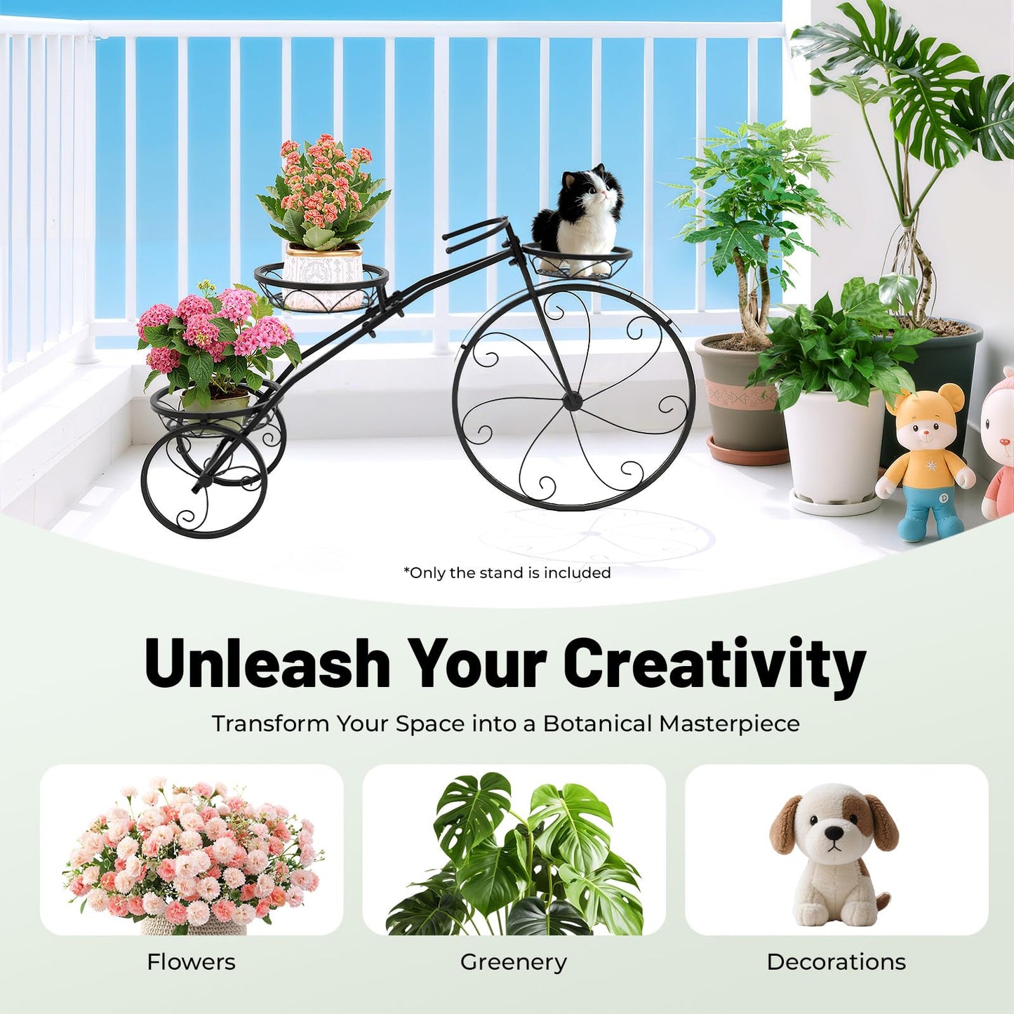 Genseino Metal Bicycle Planter, Flower Cart Display Stand, Three-wheeled Plant Stand Flower Display Stand for Home Decor, Patio, Garden, Flower Shop Indoor Outdoor, Black