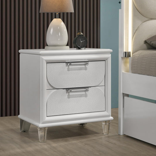 Furniture of America Leila Modern Solid Wood 22.5-inch 2-Drawer Nightstand with Embossed Panels, Metal Glide and Acrylic Handles, Easy Assembly Required for Bedroom, Guest Room, Pearl White
