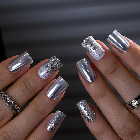 CurvLife Press on Nails Medium Square Acrylic Fake Nails with Apricot Design Full Cover False Nails Glossy Nude Glue on Nails Artificial Stick on Nails for Women (Silver Glitter)