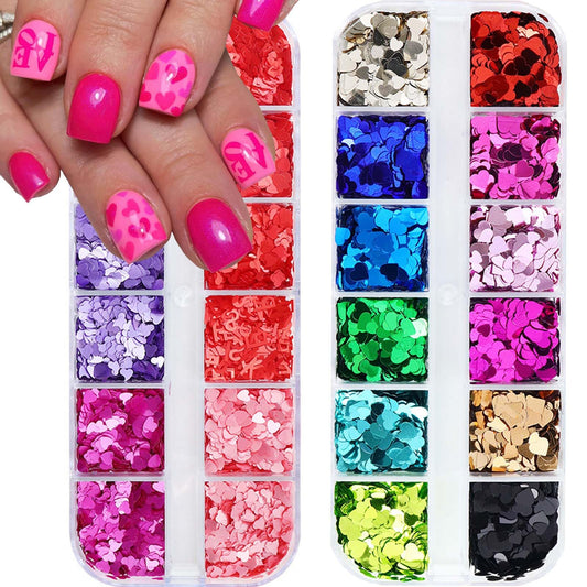 2Box Heart Nail Stickers Glitter Decal Valentine’s Day Nail Glitter Sequins 3D Holographic Laser Nail Sequins Colorful Nail Glitter Flakes Love Nail Sequins Design for Women Acrylic Nails Accessories