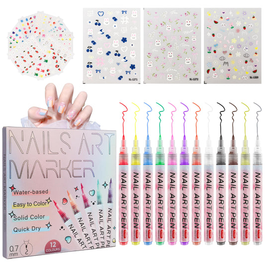Pintada 12-Color 0.7mm Fine Tip Nail Art Pens Set - Waterproof Quick-Drying Nail Art Markers with 13 Sheets Nail Stickers for DIY Nail Design, Greeting Cards, Object Painting, Holiday Doodling