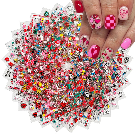 30 Sheets Heart Valentine Nail Art Stickers Decals 3D Self-Adhesive Pegatinas Uñas Red Heart Nail Decals Red Lips Rose Nail Supplies for DIY Acrylic Nail Art Decoration for Women and Girls