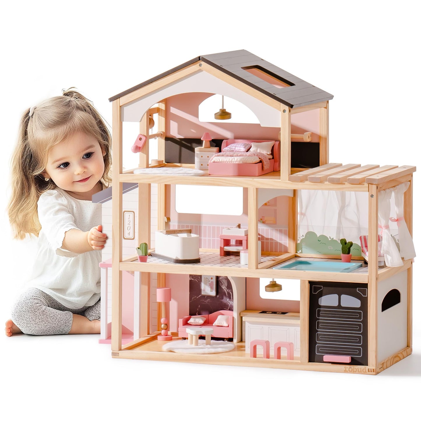 ROBUD Doll House, Wooden Dollhouse with 6 Rooms, 29-pcs Furniture Set, Working Elevator, Garage, Swimming Pool, Ideal Gift for Kids Ages 3+ (Black)