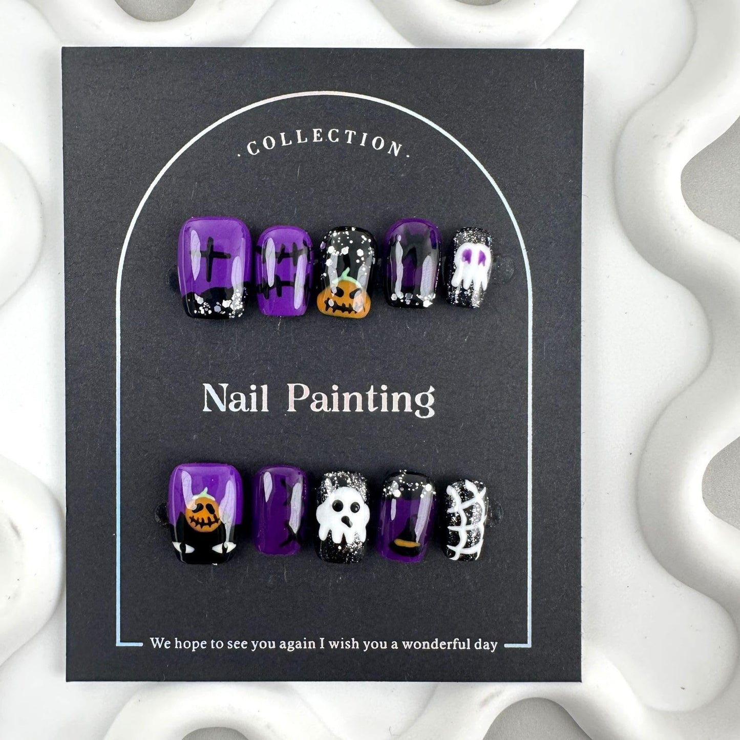Halloween Press on Nails Handmade Short Square Fake Nails with Pumpkin Ghost Designs Balck Purple French tips Glue on Nails Press ons Reusable Halloween Nails for Women Manicure Size L