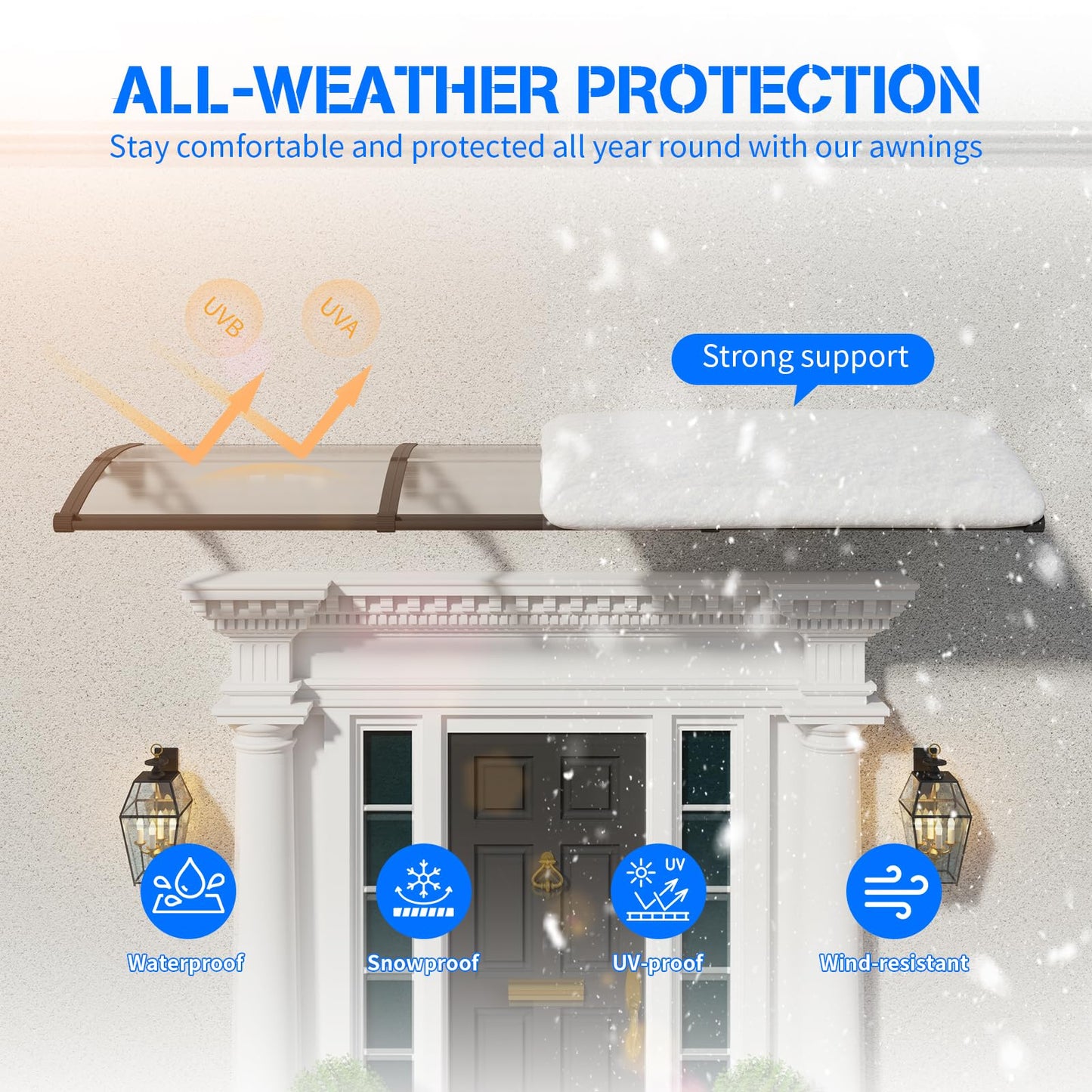 Awning for Door Entrance with Drainage Sink,40x60 Inch Awnings for Doors,Window Canopy Exterior with Plastic Steel Bracket,Polycarbonate Cover,UV,Rain,Snow Protection for House,Porch,Patio,Deck