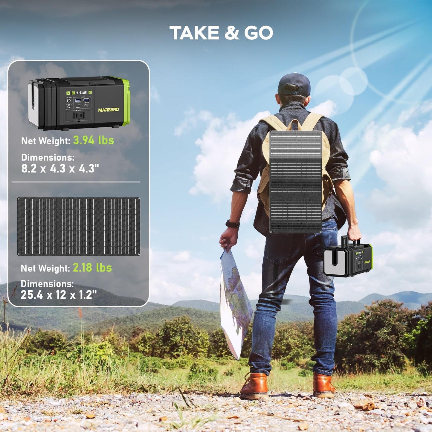 MARBERO 118Wh Solar Generator with Telescopic Camping Lights 32000mAh 160W Max Portable Power Station with Solar Panel Included 30W AC Outlet USB DC Output for Camping Hiking Emergency