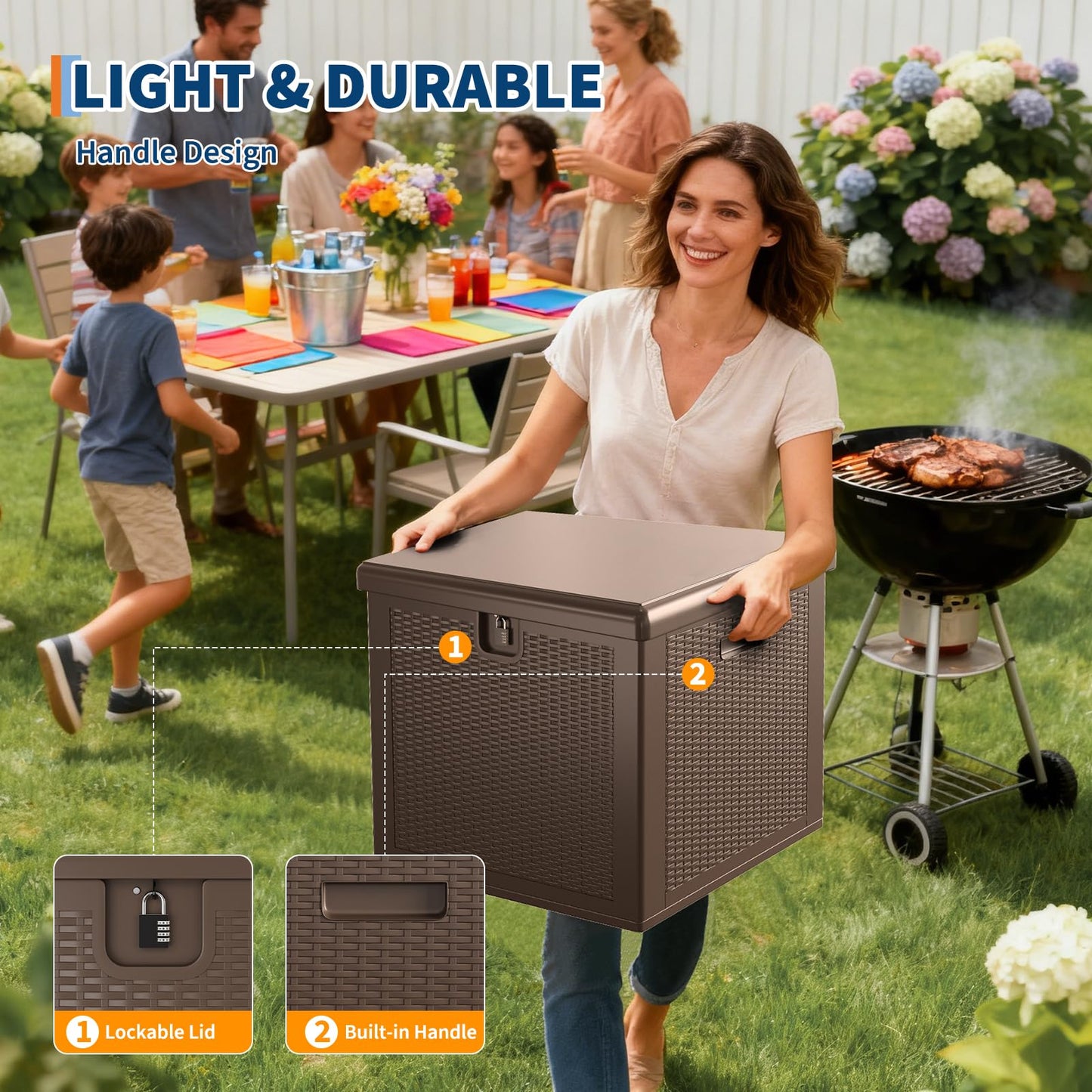 Garvee 80 gal Outdoor Storage Box, Large Waterproof Resin Deck Box Indoor Outdoor Use, Lockable UV Resistant Storage Bin for Patio, Garden, Cushions, Tools, Equipment, Brown