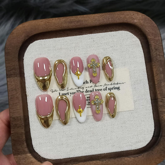 TENPAL 10Pcs Handmade Press On Nails Almond With Tools,Acrylic Icy Platinum French Tips Fake Nails with 3D Metal Cross,Glossy Y2K Blush Glitter Edgy Sweet Glue on Nails for Women,Gold French Nails(L)