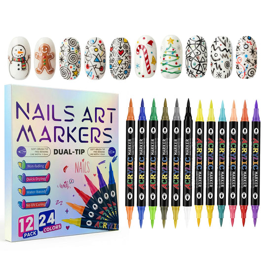 24 Colors Dual-Tip Nail Art Pens Set, Acrylic Paint Nail Polish Pens, Quick-Dry, Long Lasting & Waterproof for Dotting, DIY Nail Design, Home & Salon Use, Gift for Mother's Day, 12 Count