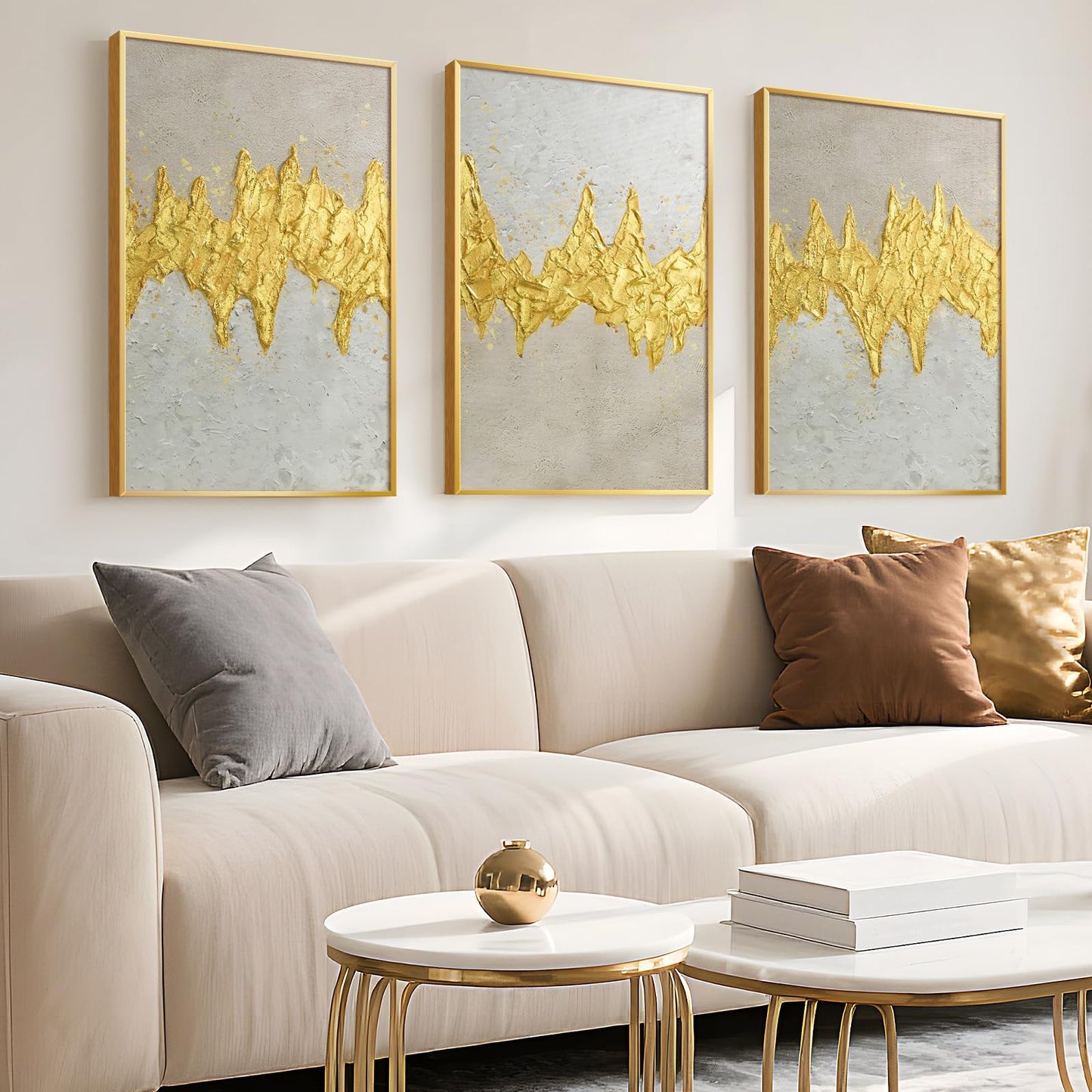 VIYYIEA Metal Framed 3D Texture Large Wall Art Set 3 Pcs Modern Neutral Artwork Abstract Gold Textured Painting Canvas Print for Living Room Bedroom Dining Room Office Gallery - 16x24 inch