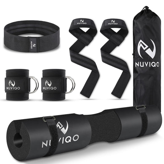 NUVIQO 9 Pcs Gym Accessories Set Featuring Barbell Pad with 2 Safety Straps - 2 Ankle Straps for Cable Machine - 2 Weight Lifting Straps - Hip Resistance Band - Carry Bag for Hip Thrust Pad