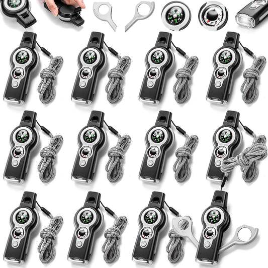 Arrowbash 12 Pack Emergency Survival Whistle 7-in-1 Compass Hiking Survival Safety Whistle with Lanyard Outdoor Multifunctional Tool Ideal for Hiking Camping Rescue Signaling(Gray)