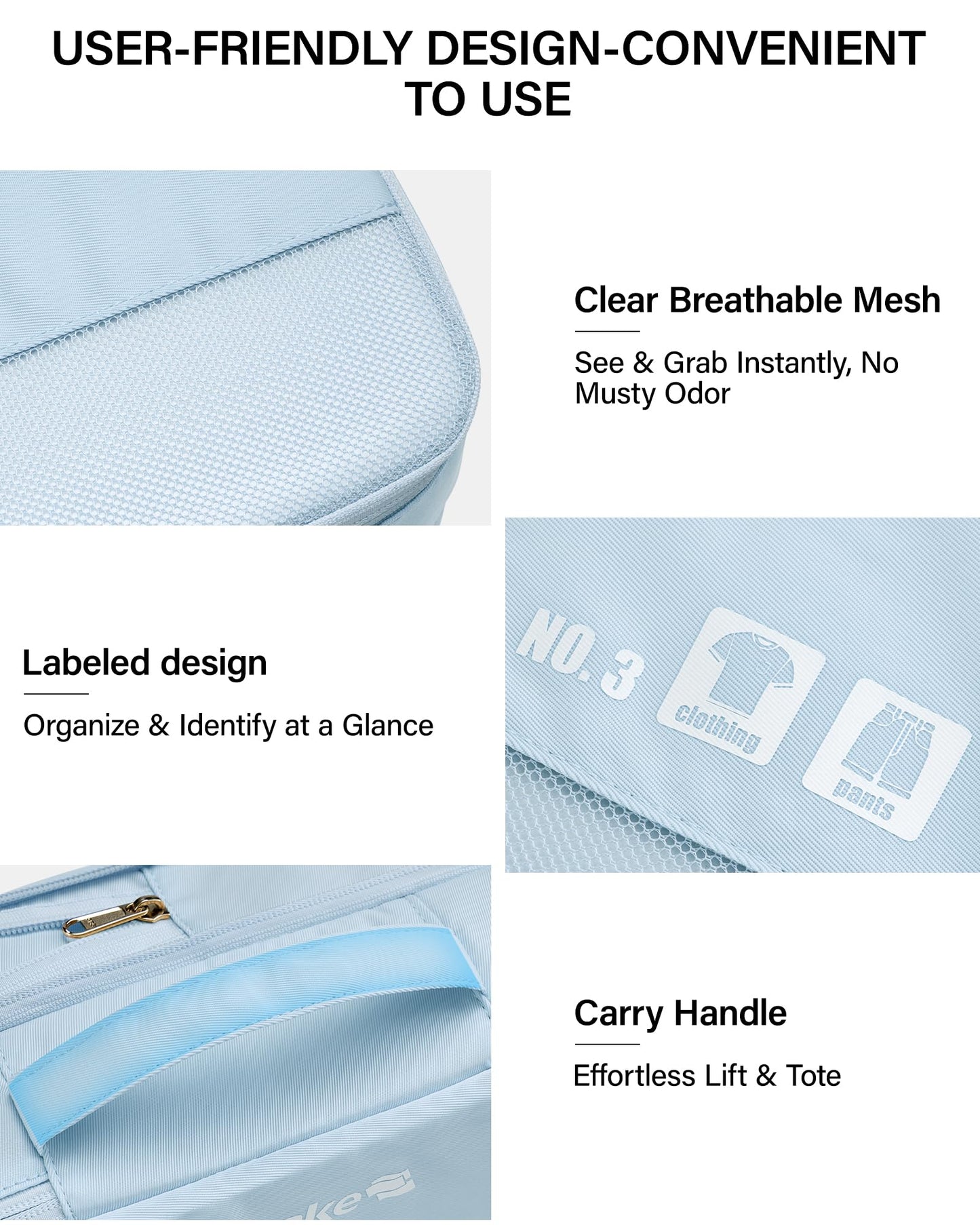 Hanke 7 Piece Expandable Compression Packing Cubes, Premium Travel Packing Organizers for Suitcases/Carry On, Luggage Organizer Bags with Breathable Mesh & Label,Light Blue