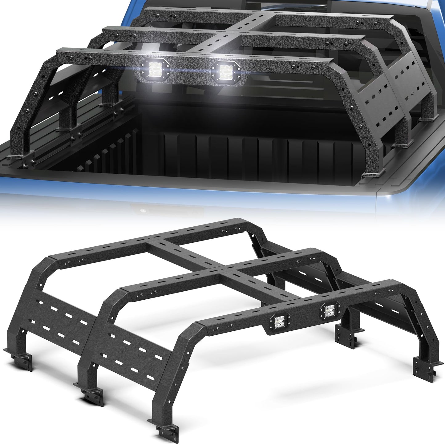 Truck Bed Rack with LED Lights for Tacoma 2005-2025, Adjustable Steel Cargo Rack for Factory Bed Rails
