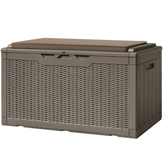 Greesum 100 Gallon Resin Deck Box Large Outdoor Storage with Cushions for Patio Furniture, Garden Tools, Pool Supplies, Weatherproof and UV Resistant, Lockable, Light Coffee
