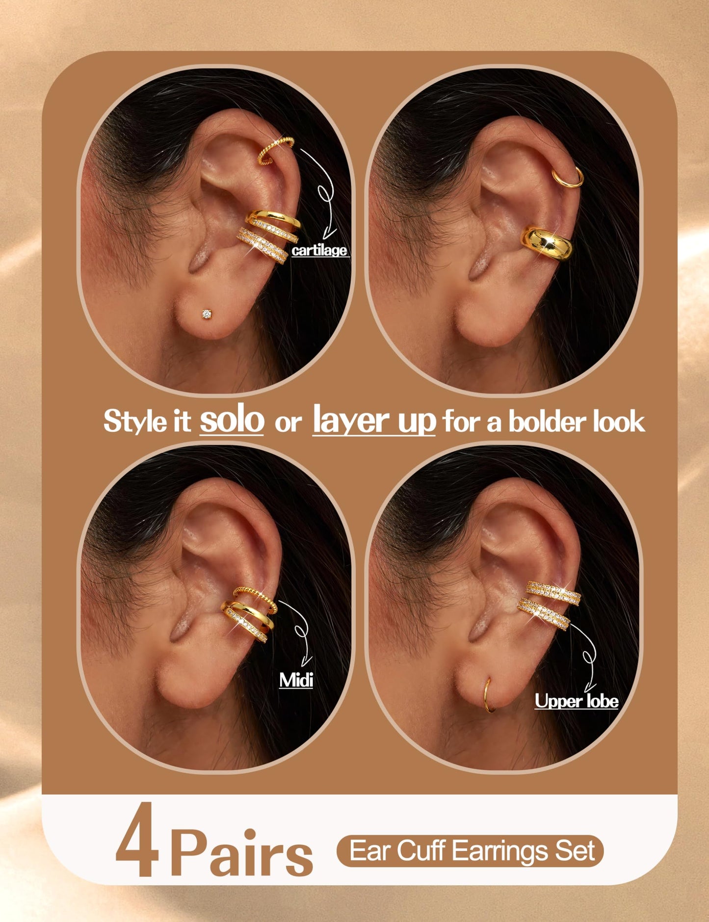 4 Pairs Ear Cuffs Non Piercing - Silver Plated Ear Cuffs Earrings for Women Trendy Ear Cuff for Non Pierced Ears Clip On Carrtilage Earring Lightweight Adjustable Fake Earrings Set Trendy