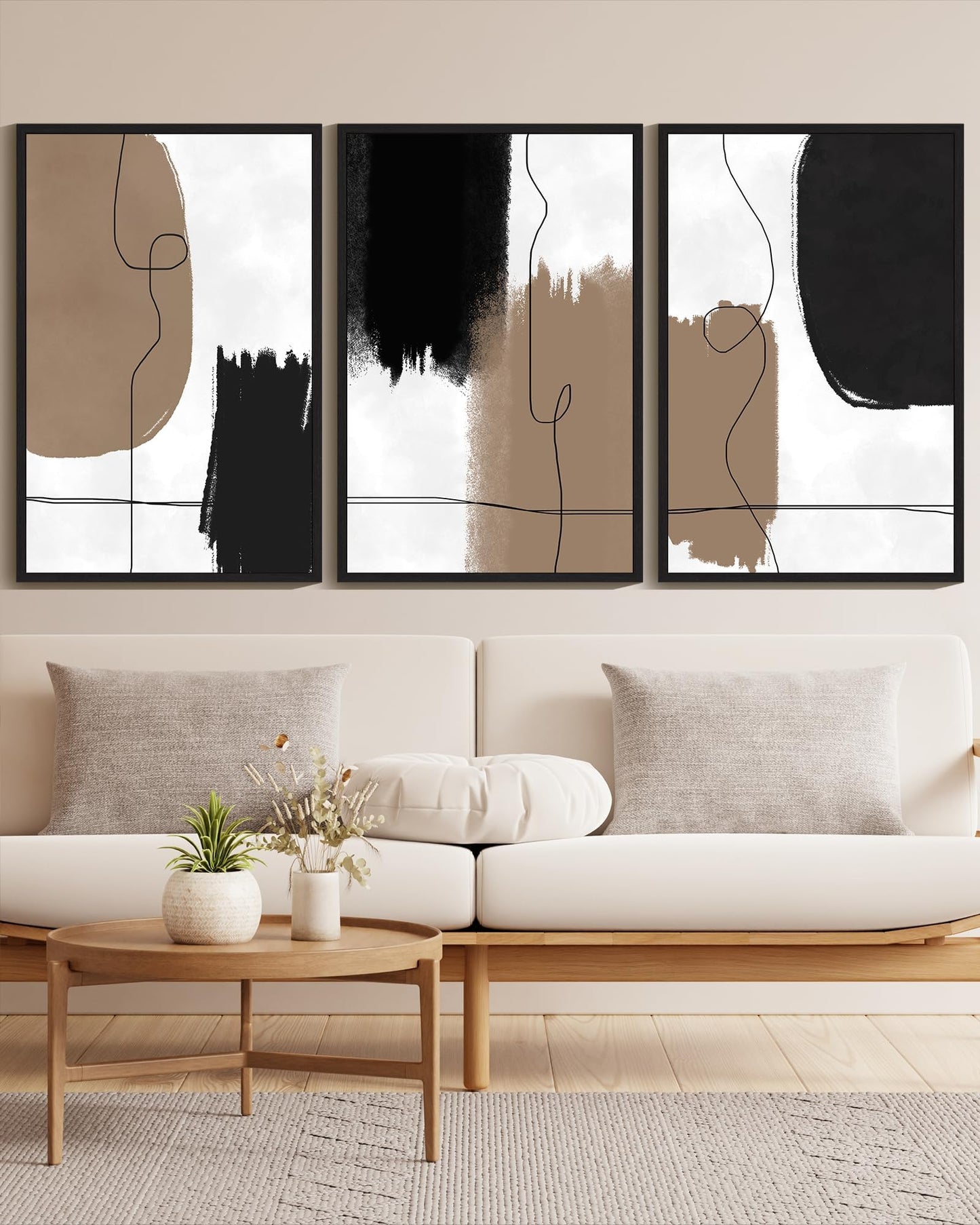 KUVIOKE Neutral Abstract Framed Wall Art Beige Mid Century Textured Wall Decor Minimalist Line Modern Illustrations Art Print Home Decor 24x36in (Black Framed)