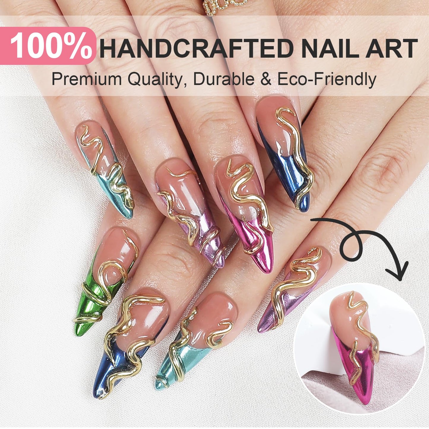 HOMSERA Handmade Long Pointed Fake Nails,10Pcs Medium Length Press on Nails French Snake Design Glossy Acrylic Nails 3D Swirl Design Nails Full Cover Artificial Nails for Women and Girls