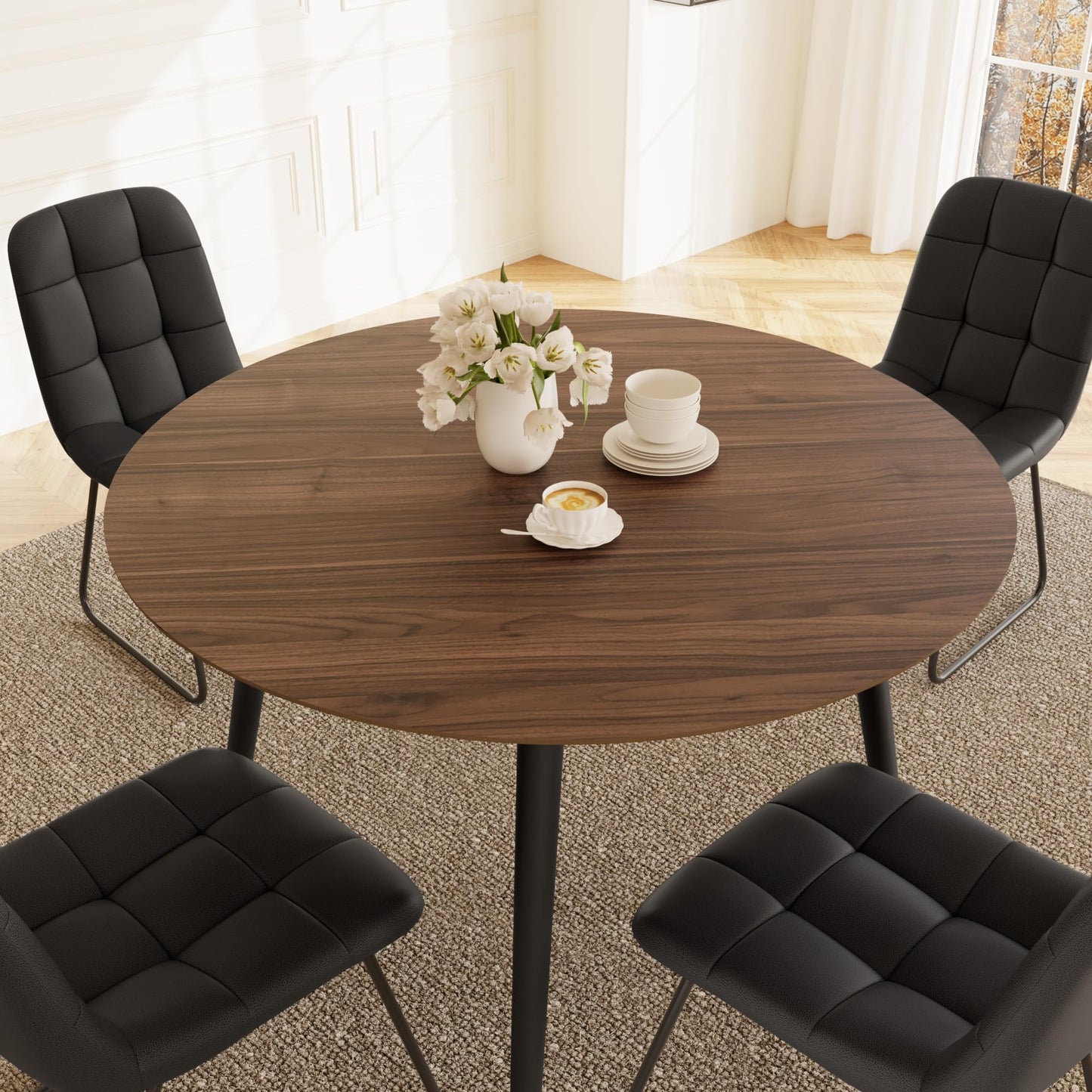 HIPIHOM 43.3 Inch Round Dining Table Set for 4, Modern Small Kitchen Coffee Set for Dining Room Kitchen Apartment (Walnut Table+4 U-Shaped Black Chairs)