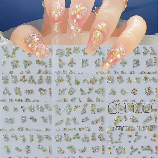 NAIL ANGEL 12Sheets Nail Art Adhesive Sticker Sheets Glitter Designs with Gold Decal Antique Baroque Styles with Rhinestones and Pearls Decals Nail Art 10356