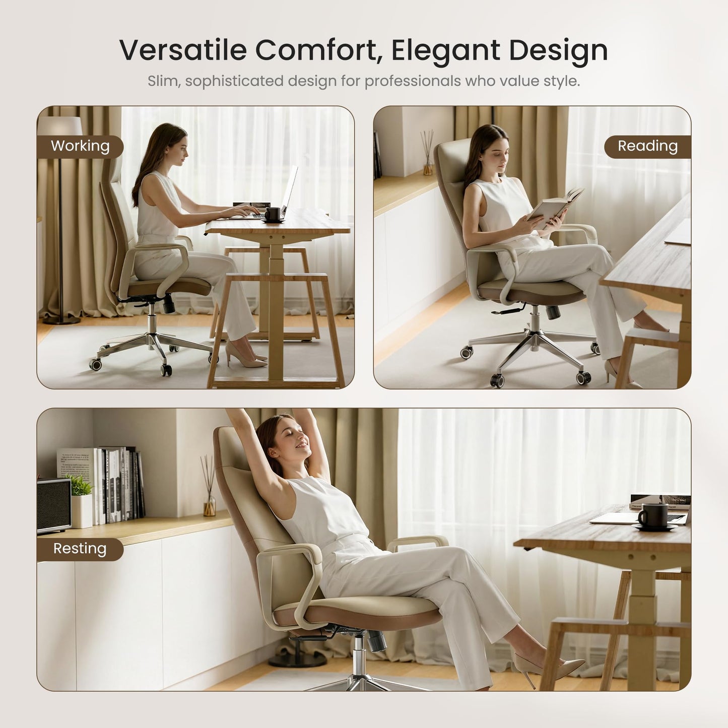 EUREKA ERGONOMIC Clara Executive Office Chair, Modern Leather Desk Chair with Back Support, Aesthetic Home Office Chair with 3-Position Recline Lock, Beige Brown