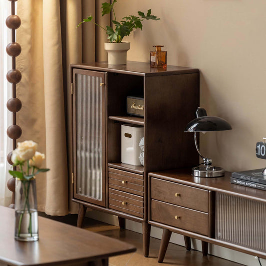 Wayshome Sideboard Buffet Cabinet with Storage, 100% Solid Rubberwood Wood Coffee Bar with Glass Door & 2 Drawers, Wooden Kitchen Display Cabinet with Adjustable Shelf for Dining Room, Living Room