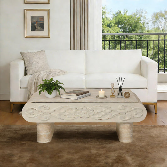 GDFStudio 39.4" Rectangle Lift Top Coffee Table with Hidden Storage, Modern Extendable Center Table with Shelf & Curved Legs, Wooden Coffee Table for Living Room Small Space, Beige+Yellow